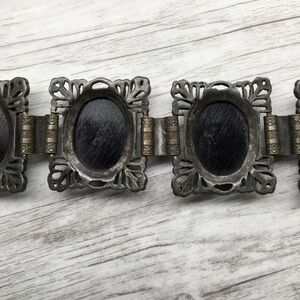 Vintage 50’s Florenza Black Cabachon Book Chain Bracelet Silver Jewelry